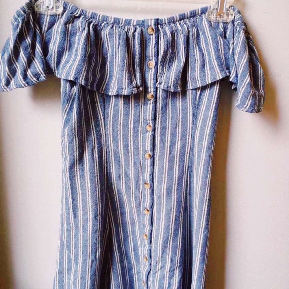 An off the shoulder button up stripped AE dress!:)